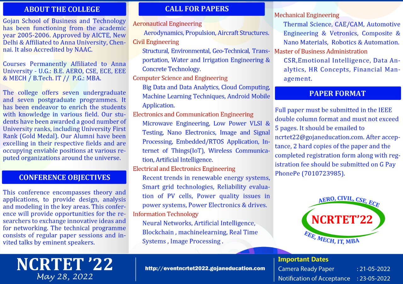 National Conference on Recent Trends in Engineering and Technology NCRTET 2022